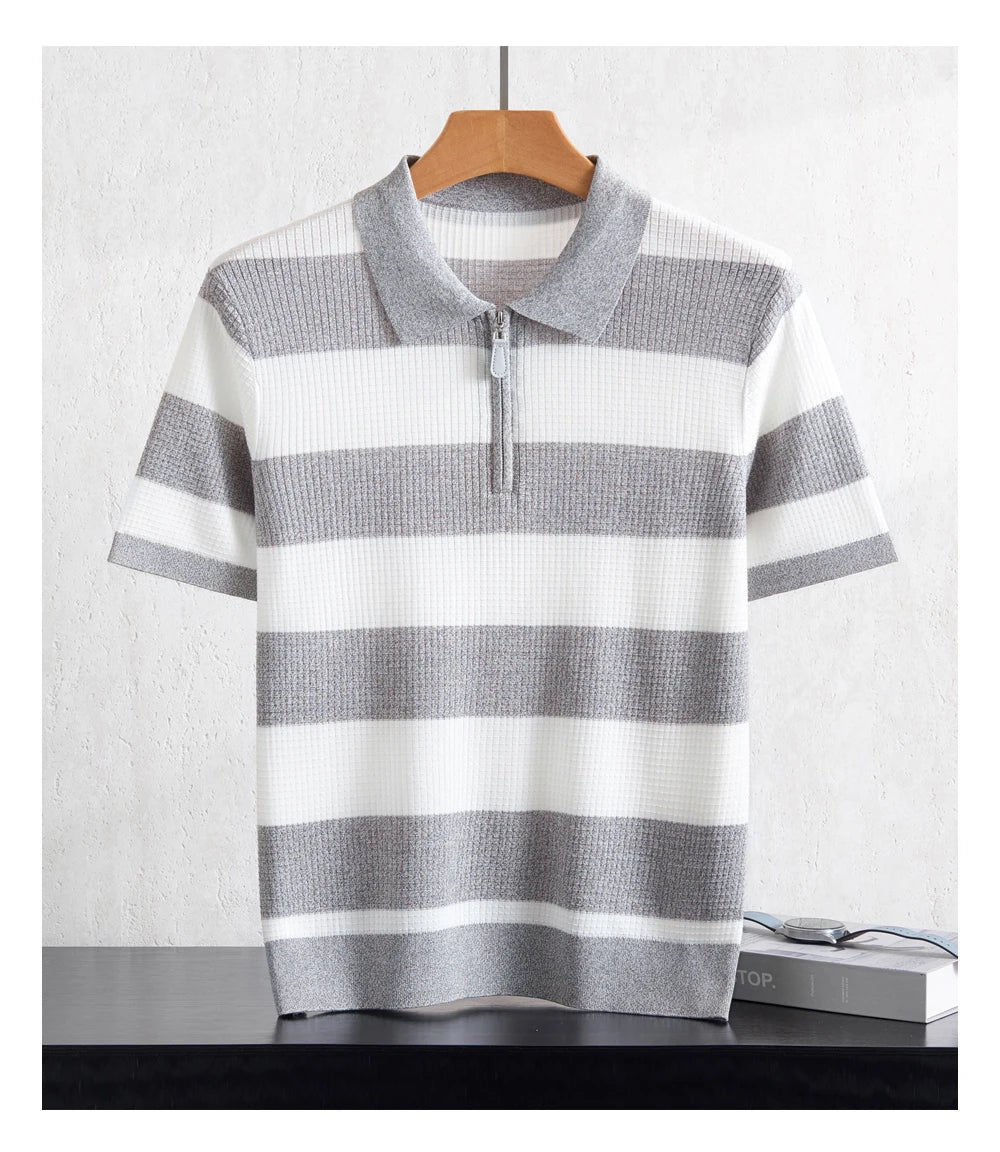 Men's 100% Lyocell POLO Collar Striped T-Shirt Knit Pullover Summer New Bussiness Casual Half-zip Short-sleeved Jumper Menswear