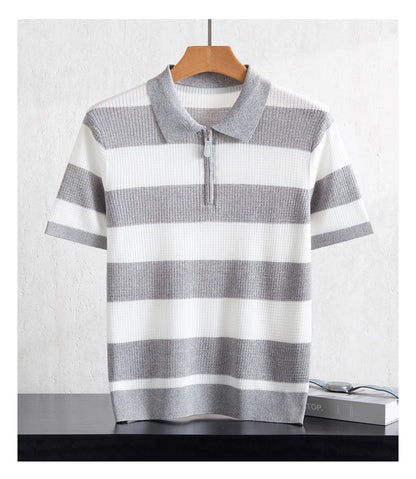 Men's 100% Lyocell POLO Collar Striped T-Shirt Knit Pullover Summer New Bussiness Casual Half-zip Short-sleeved Jumper Menswear