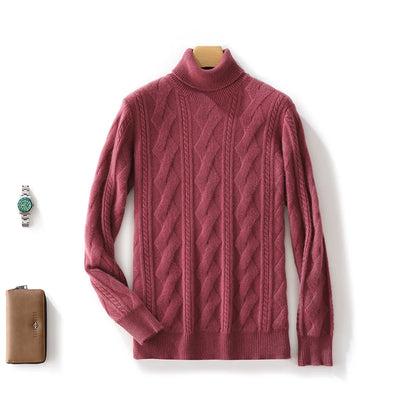 100% Merino Wool Solid Color Turtleneck Cable-Knit Sweater Long Sleeves Pullover Cashmere Men Soft Comfortable Warm Clothing Top
