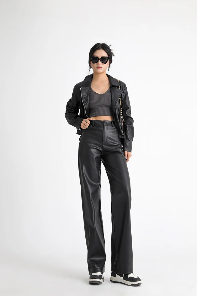 BIVIGAOS Fall Winter Fleece Loose Wide Leg Warm Leather Pants Women Button Pocket High Waist Thick PU Casual Straight Pants