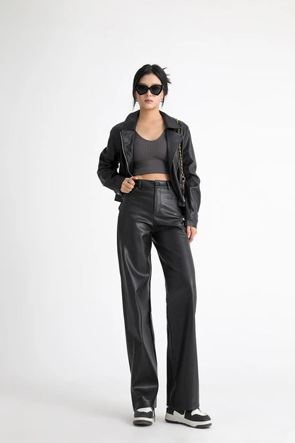 BIVIGAOS Fall Winter Fleece Loose Wide Leg Warm Leather Pants Women Button Pocket High Waist Thick PU Casual Straight Pants
