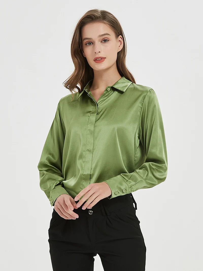 SuyaDream Woman Solid Shirts 93%Real Silk 7%Spandex Long Sleeves Chic Blouses, 2025 Spring Autumn Office Lady Top