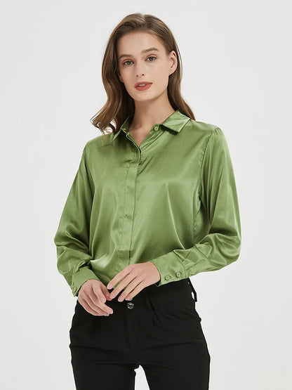 SuyaDream Woman Solid Shirts 93%Real Silk 7%Spandex Long Sleeves Chic Blouses, 2025 Spring Autumn Office Lady Top