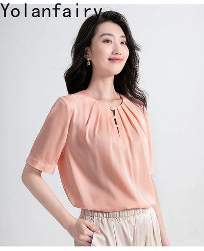 YOLANFAIRY 100% Natural Mulberry Silk T Shirts Woman Clothing 2026 Summer Loose Fashion T Shirt Elegant Womens Tops Short Sleeve