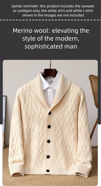 2025 Autumn Winter New Five Needle Thick 100% Merino Wool Sweater Men's Lapel Knit Cardigan Business Casual Warm Shirt Menswear