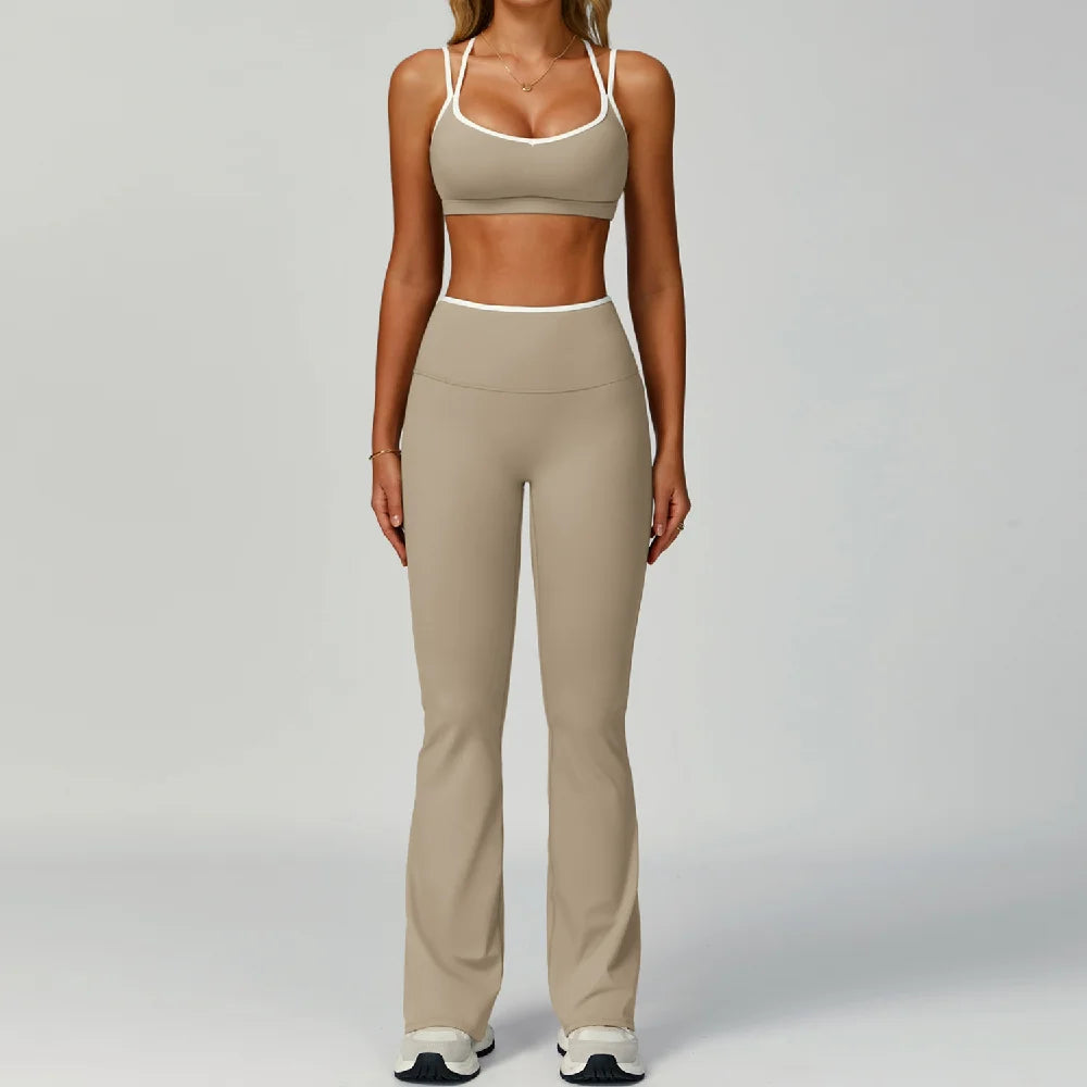 2PCS Workout Clothes Wide Leg Pant Yoga Suits Solid Color Bra Sports Set Gym Tracksuits Female Quick Dry Fitness Suit Sports Set