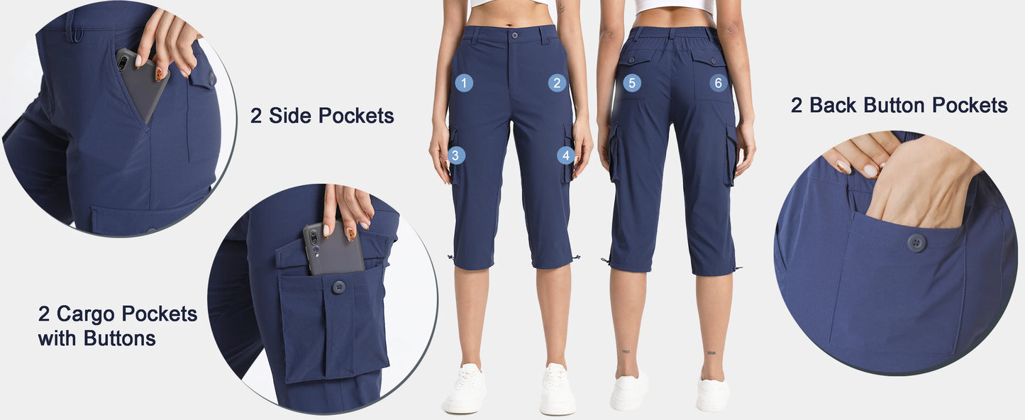 TACVASEN Summer Quick Dry Cargo Capri Pants Womens Outdoor Hiking Knee Length Joggers Lightweight Waterproof Shorts 6 Pockets