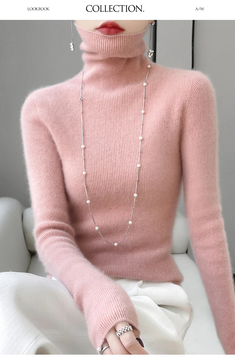 100% Merino Wool Long-sleeved Turtleneck Pullover Women's Autumn Winter Slim Sweater Basic Women's Clothes Cashmere Sweater