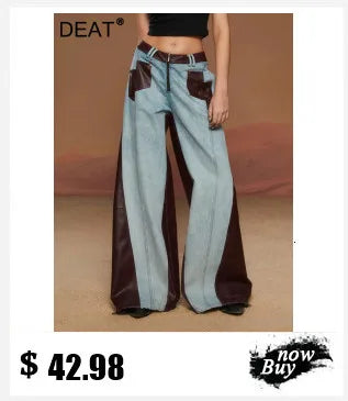DEAT Fashion Distressed Ripped Wide Leg Jeans Women's Low Waist Frayed Hem Blue Denim Pants Summer New 7A4508