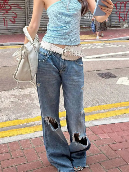 DEAT Fashion Distressed Ripped Wide Leg Jeans Women's Low Waist Frayed Hem Blue Denim Pants Summer New 7A4508