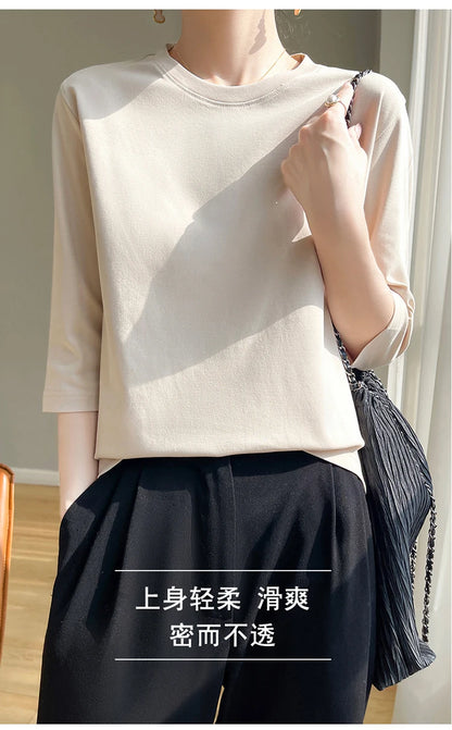 Spring And Summer New White Mercerized Cotton Short Sleeve T-Shirt Feminine Joker Cotton Cropped Sleeve Bottoming Shirt