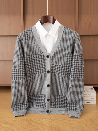 Men's V-Neck Cardigan Business Casual Jacquard Thickened Jacket 100% Merino Wool Knit Coat Autumn Winter Warmth Men's Clothing