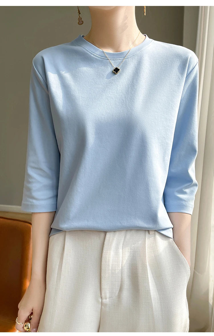 Spring And Summer New White Mercerized Cotton Short Sleeve T-Shirt Feminine Joker Cotton Cropped Sleeve Bottoming Shirt