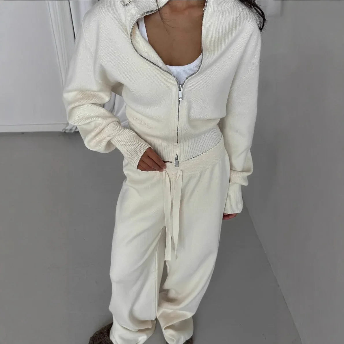 Women Cotton Knitted Cardigan Wide Leg Pants Suit Autumn and Winter Lady  Fashion Loose Daily Office Jacket Straight Pants 2Pcs