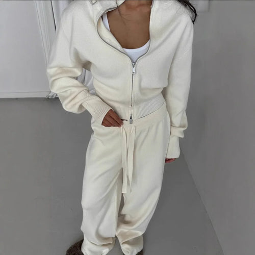 Women Cotton Knitted Cardigan Wide Leg Pants Suit Autumn and Winter Lady  Fashion Loose Daily Office Jacket Straight Pants 2Pcs
