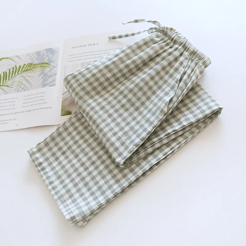 Men's Cotton Gauze Trousers Plaid Knitted Sleep Pants Woman Pajamas Pants Bottoms Sleepwear Short for Couples Pijama Hombre