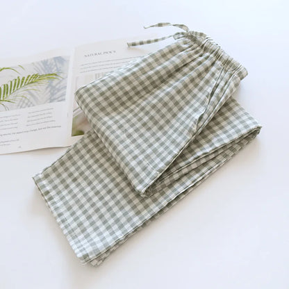 Men's Cotton Gauze Trousers Plaid Knitted Sleep Pants Woman Pajamas Pants Bottoms Sleepwear Short for Couples Pijama Hombre