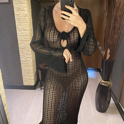 3D Flower V Neck Long Sleeve Crochet Knitted Tunic Beach Cover Up Cover-ups Beach Dress Beach Wear Beachwear Female Women V5852