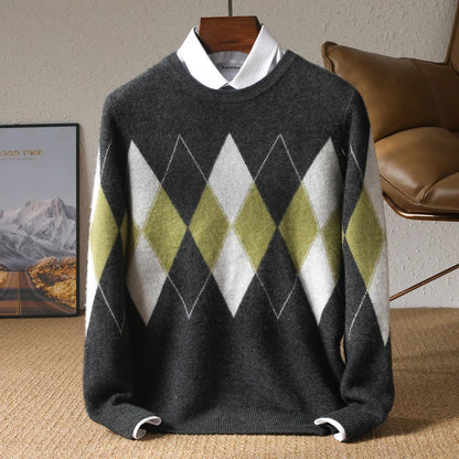 Autumn Winter New Men's Cashmere Sweater Thickened Round Neck Pullover With Contrast Color Loose Casual Knitted100% Wool Sweater
