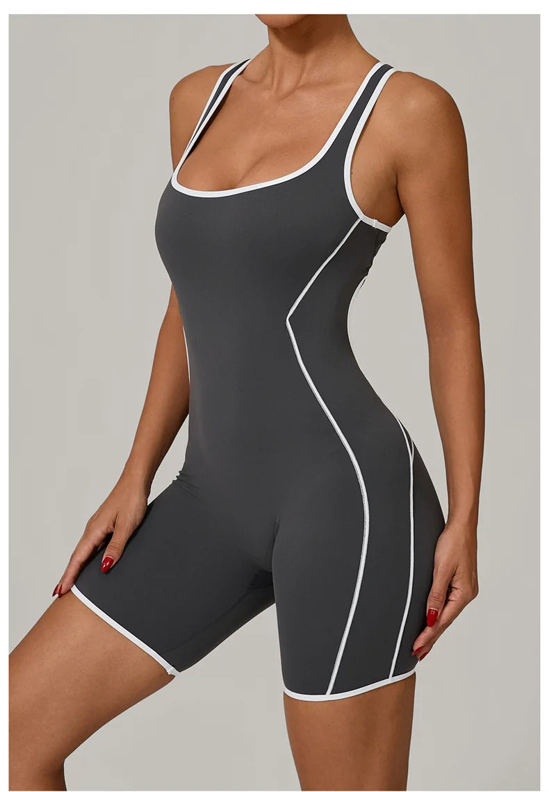 TRY TO BN Yoga Jumpsuit Sports Hollow Back Breathable Contrasting Color Bodysuit Fitness One Piece Set Running Gym Woman Clothes
