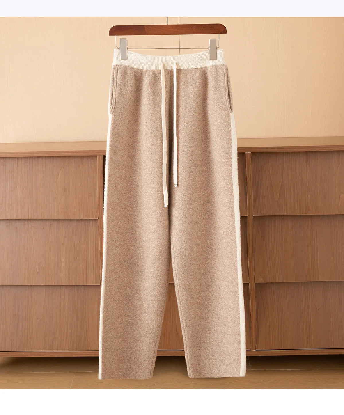 Autumn Winter Thick 100% Merino Wool Contrasting Splicing Casual Sports Pants Men Versatile Knitted Sweatpants Straight Leg Pant