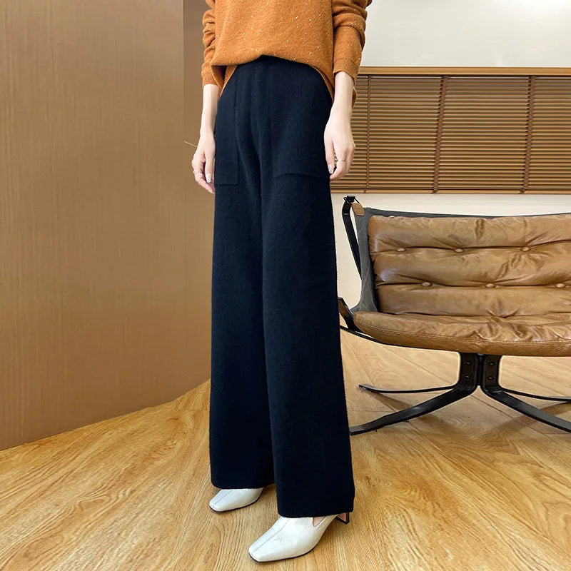 DjzDsm Women's Autumn Spring Knitted Floor-Length Wide Leg Pants 100% Merino Wool Long Trousers