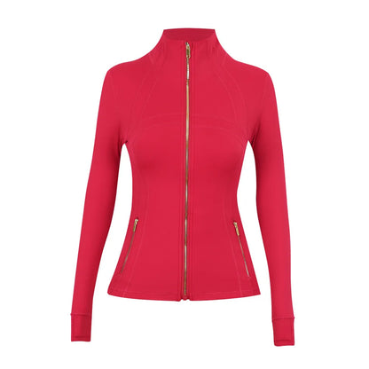 Personalized LOGO custom women's gold zip jacket tight stand-up collar quick-drying fitness running yoga suit 41-color S-3XL top