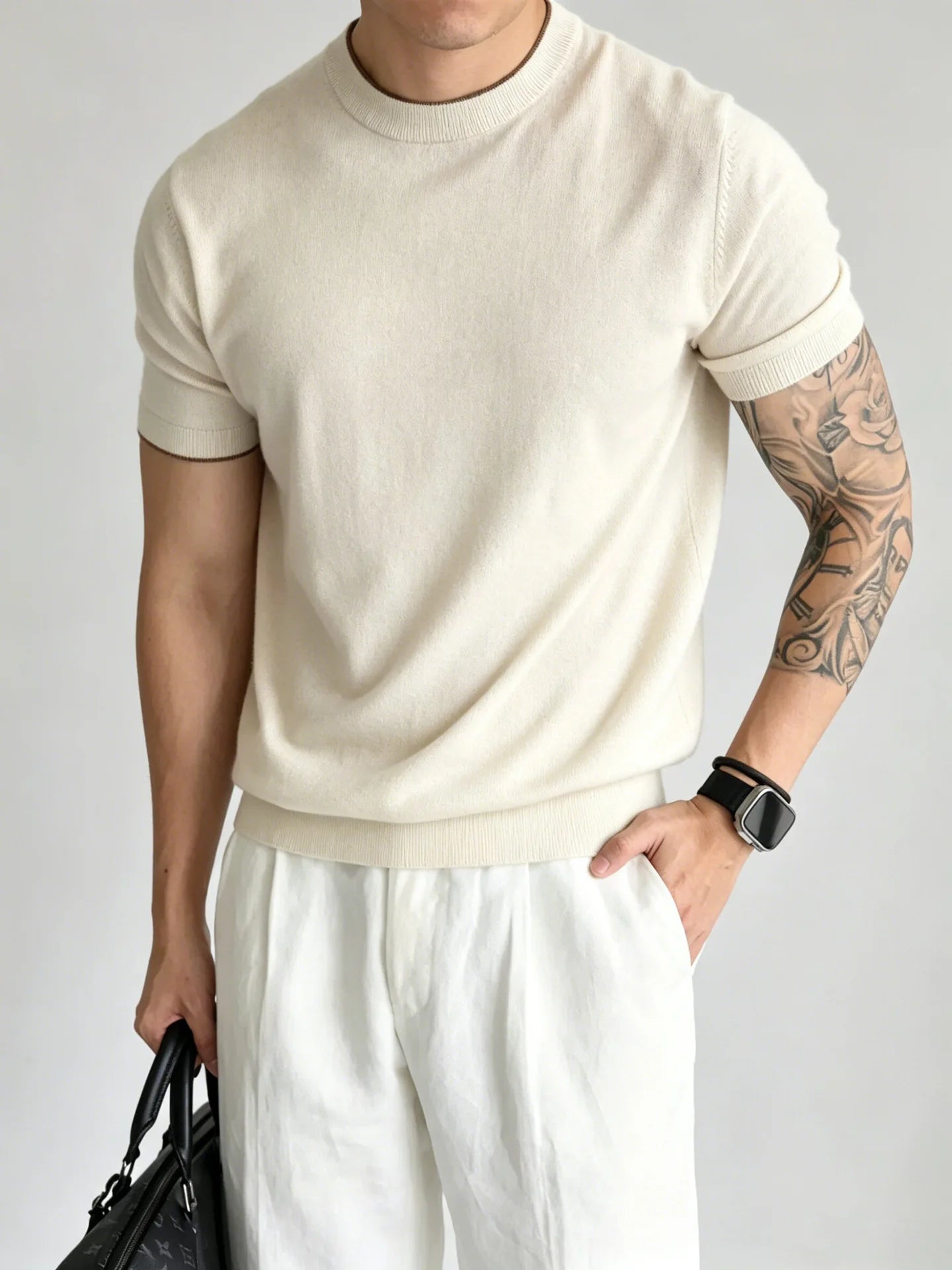 Light Luxury Cashmere Blend Anti Pilling Knitted Short Sleeved Round Neck T-shirt for Men, Retro Casual Business Summer Shirt