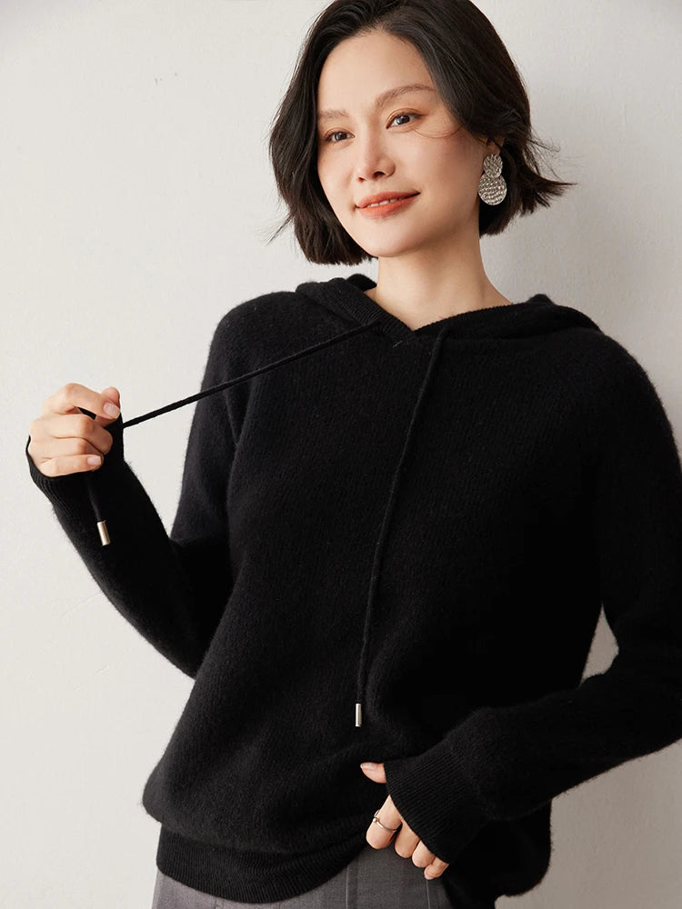 CHICUU Autumn Winter Women Hoodie Pullover Sweater 100% Cashmere Knitwear Soft Warm Casual Style Hooded Sweater Tops