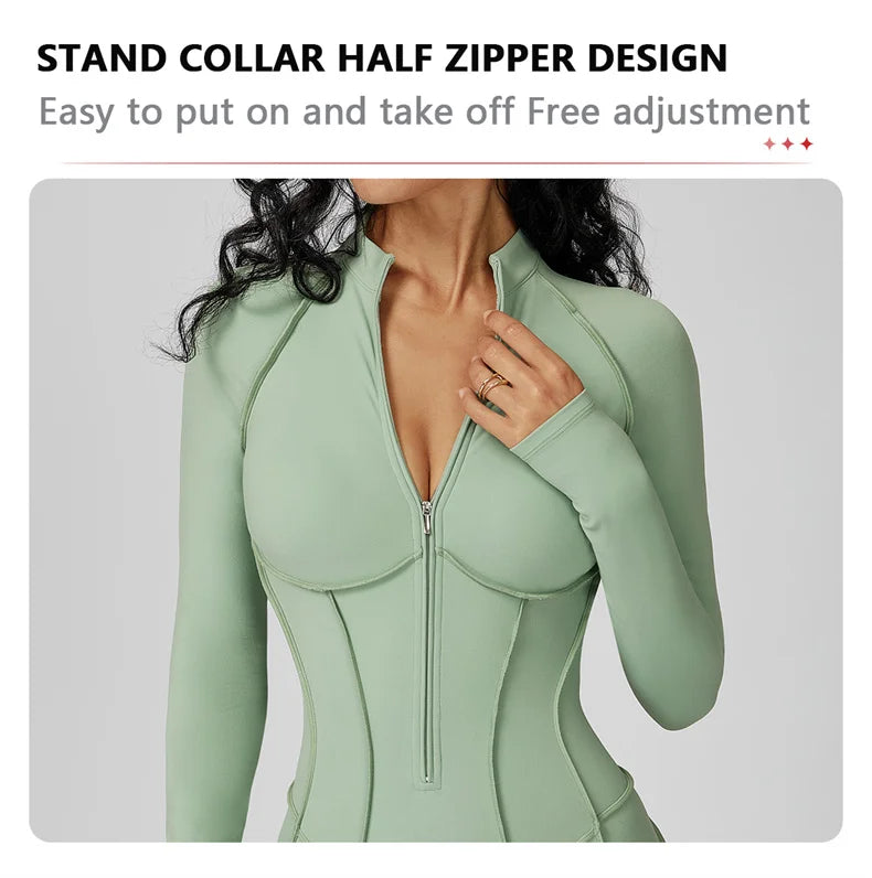 TRY TO BN Gym Jumpsuit Half Zipper Sports Stripe Fitness Bodysuit One-Piece Workout Activewear Tights Woman Suits Yoga Clothing