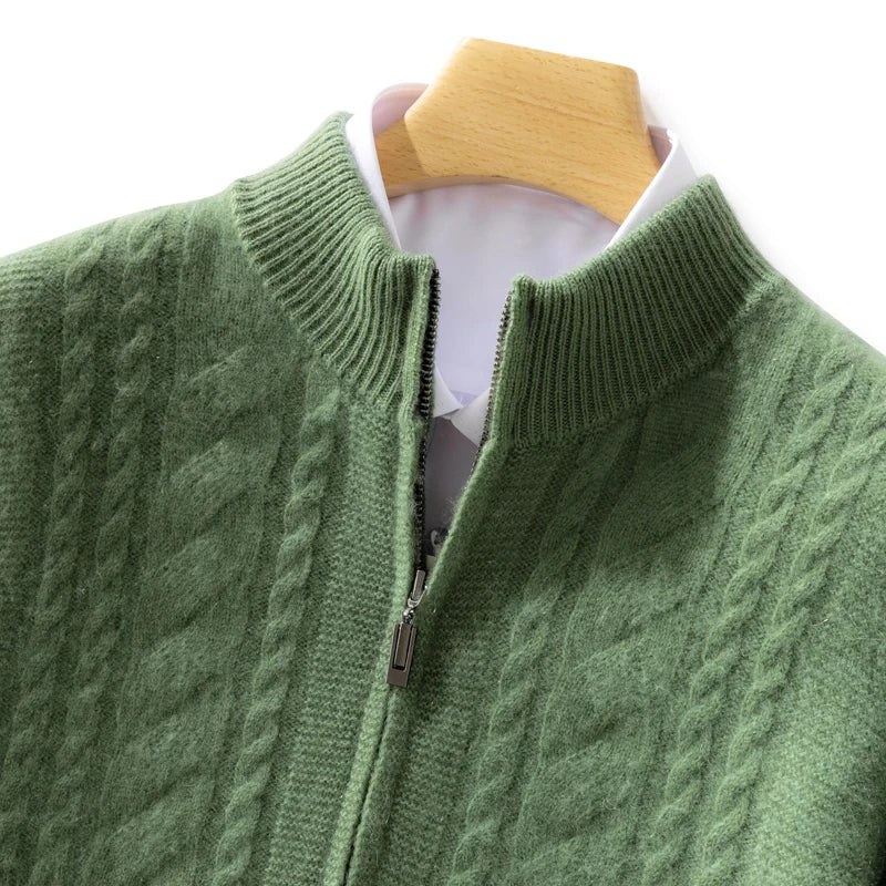 High Quality Men Mock Collar Twisted Cardigan Autumn Winter Thick Zipper 100% Merino Wool Sweater Casual Coat Cashmere Knitwear