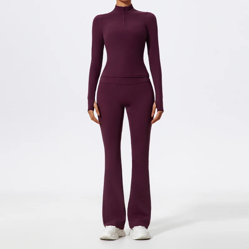 Hearuisavy Summer Half Zipper Yoga Suit Outdoor Workout Clothing Gym Set Women Flared Pants 2Pcs Sports Long Sleeves Shirt Suit
