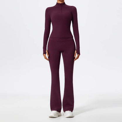 Hearuisavy Summer Half Zipper Yoga Suit Outdoor Workout Clothing Gym Set Women Flared Pants 2Pcs Sports Long Sleeves Shirt Suit