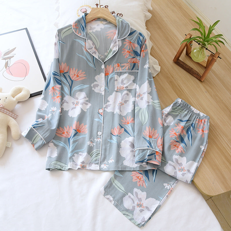 Spring and summer new 100% viscose pajamas two-piece long-sleeved trousers women's flowers comfortable plus size homewear suit