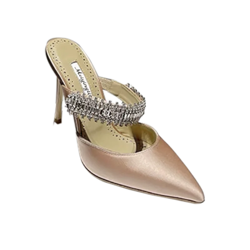 Women's 2022 Pump Summer New Rhinestone Chain Slippers High Heels Stiletto Pointed Shallow Mouth Silk Sandals Outer Wear