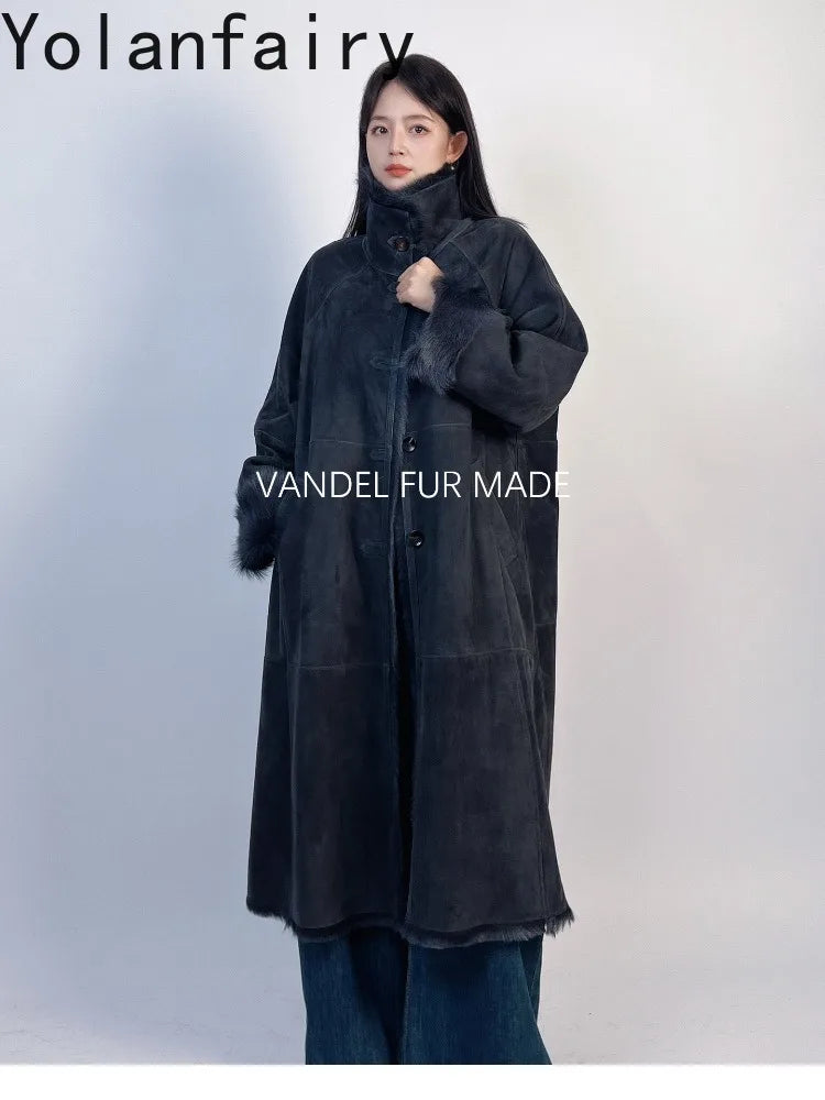 YOLANFAIRY Real Goatskin Leather Fur Coats for Women Winter High-end Natural Fur Coat Lazy Style Long Leather Jacket Luxury Wear