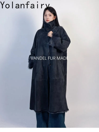 YOLANFAIRY Real Goatskin Leather Fur Coats for Women Winter High-end Natural Fur Coat Lazy Style Long Leather Jacket Luxury Wear