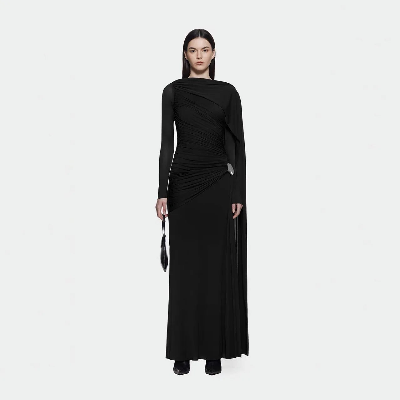 DEAT Fashion Brown Asymmetric Pleated Minimalist Dress Women's Round Neck Slim Fit Long Sleeves Ankle-length Dresses New