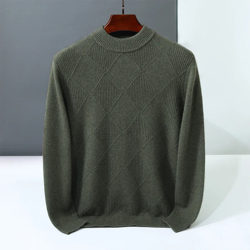 Autumn Winter New Style 100% Goat Cashmere Men's Mock Neck Diamond Knitted Base Shirt Casual Business Top Fashionable Knitwear