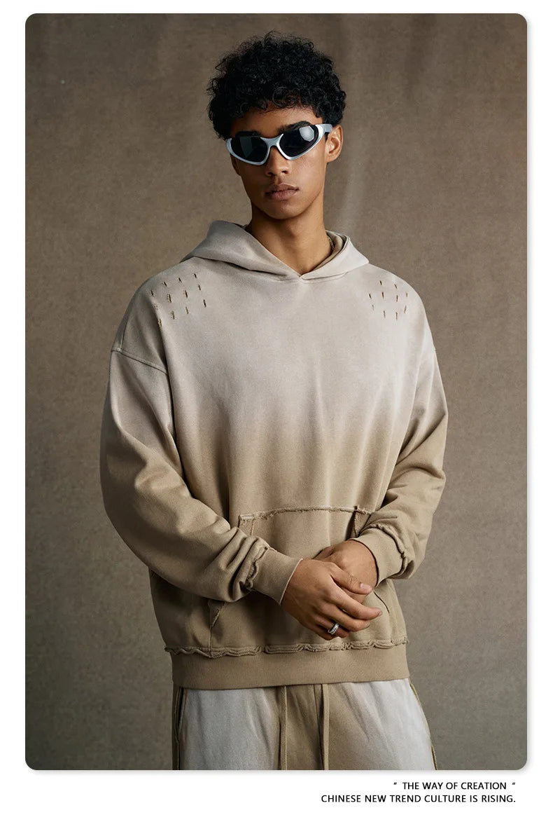 Custom LOGO men's 2025 autumn 370G heavy 100% cotton gradual change hole hooded sweater straight trousers set