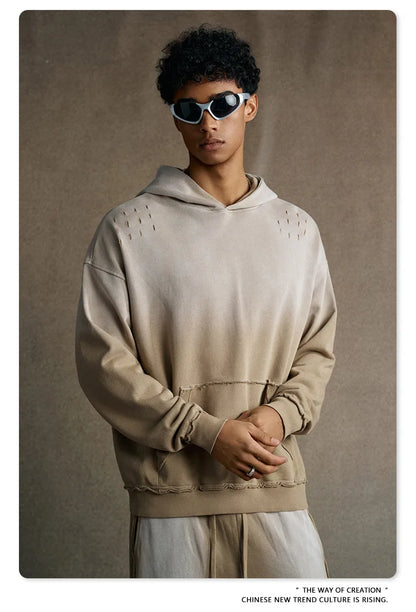 Custom LOGO men's 2025 autumn 370G heavy 100% cotton gradual change hole hooded sweater straight trousers set