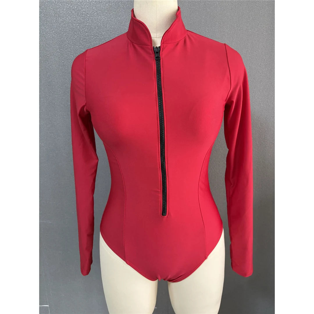 S - 2XL 4 Colors Long Sleeve With Zipper Surf Rash Guard One Piece Swimsuit Women Swimwear Female Bather Bathing Suit Swim V6266