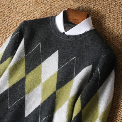 Autumn Winter New Men's Cashmere Sweater Thickened Round Neck Pullover With Contrast Color Loose Casual Knitted100% Wool Sweater