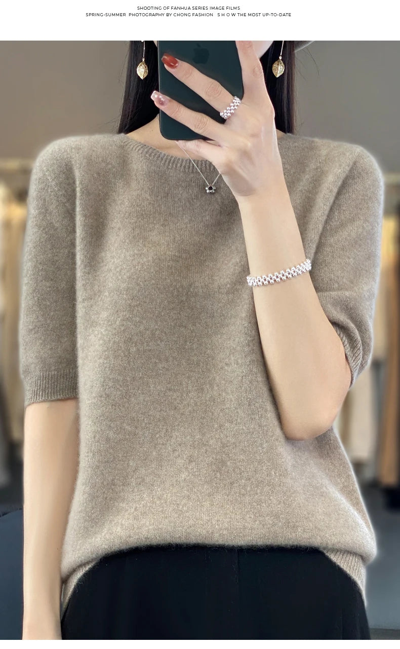 100% Merino wool women's O neck knitted T-shirt Korean pullover short sleeve sweater women's basic solid color half sleeve women