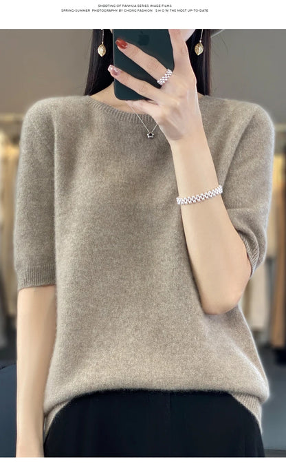 100% Merino wool women's O neck knitted T-shirt Korean pullover short sleeve sweater women's basic solid color half sleeve women