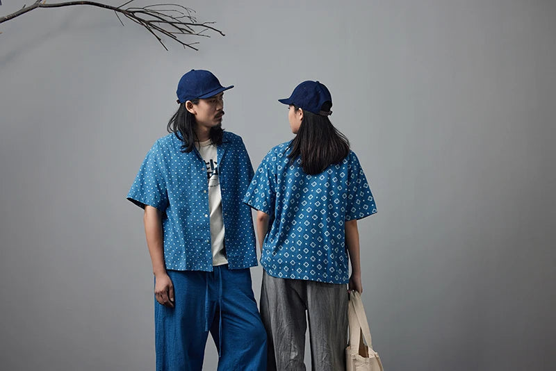 Vintage Indigo Print Shirt Men Summer New Blue Dyed Cuban Lapel Short Sleeve Single Breasted Shirt Cotton Casual Cardigan Tops