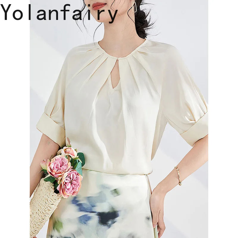 YOLANFAIRY 100% Real Mulberry Silk T Shirts for Women Summer 2026 Short Sleeve Tops O-neck Elegant Blouse Woman Tee Shirt Femme