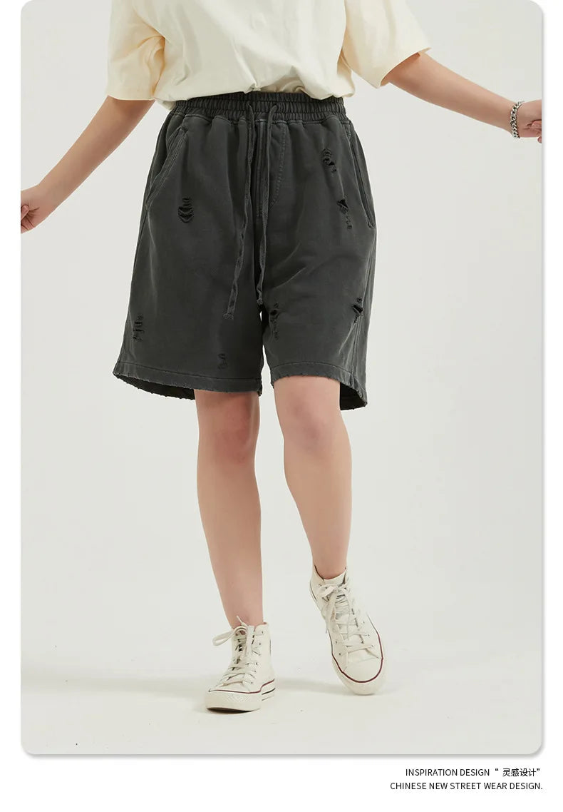 Customized LOGO Men's Heavy 100% Cotton High Street Wind Wash Old Loose Cut Couple Retro Shorts