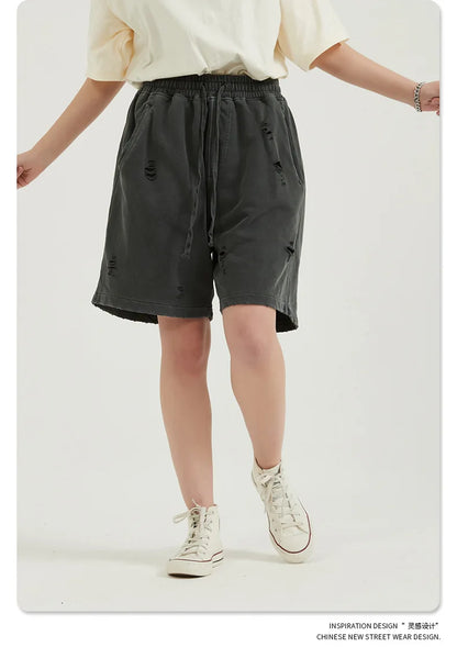 Customized LOGO Men's Heavy 100% Cotton High Street Wind Wash Old Loose Cut Couple Retro Shorts