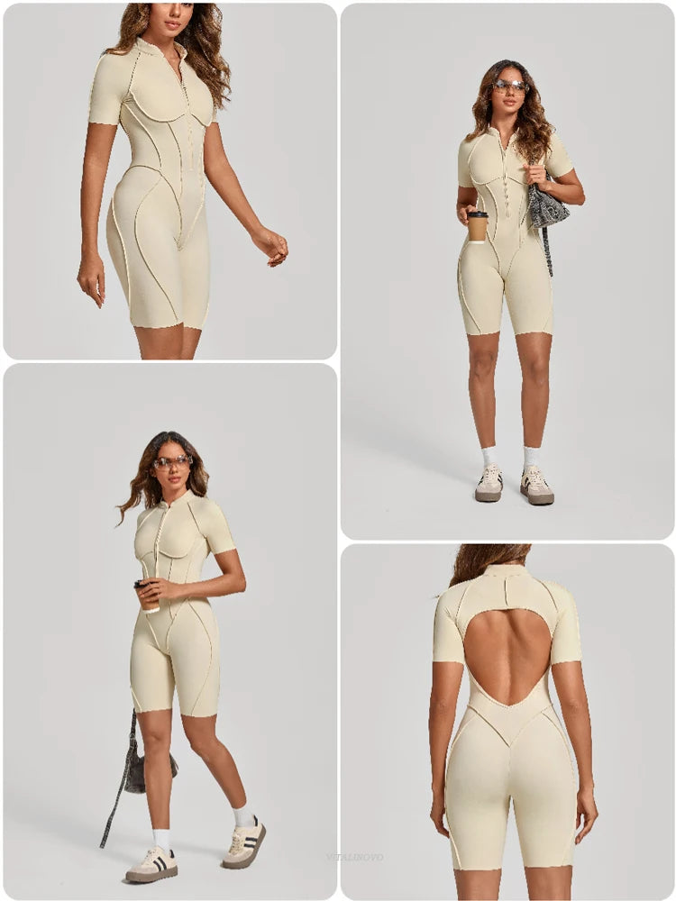 VITALINOVO Women Short Sleeve Workout Jumpsuit Backless Zip Up Romper Bottom Shorts Built-in Bra Bodysuit Bodycon Sexy One Piece